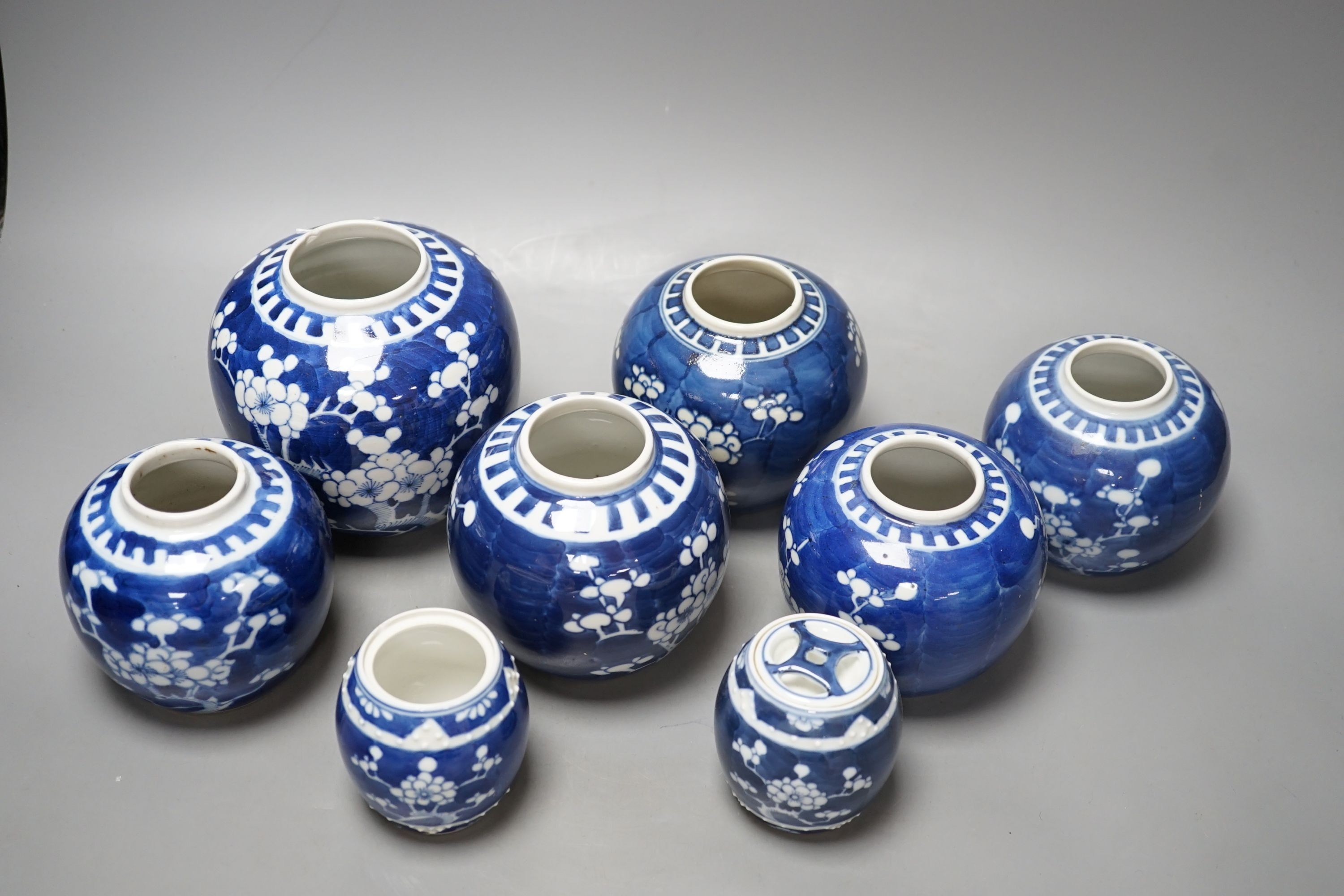 Six Chinese blue and white prunus jars and two similar pots - tallest 13cm